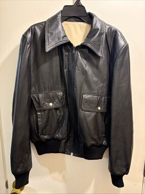Vintage Men's Black sofLeather Bomber Jacket  reversible with Snap-Pocket Detail
